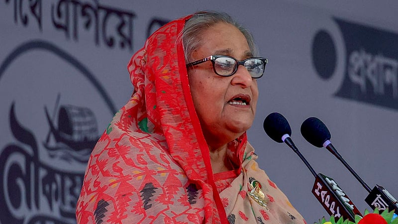 Prime Minister Sheikh Hasina delivers a speech at an electoral campaign event at Sheikh Lutfar Rahman Adarsha Government College grounds in Gopalganj’s Kotalipara.