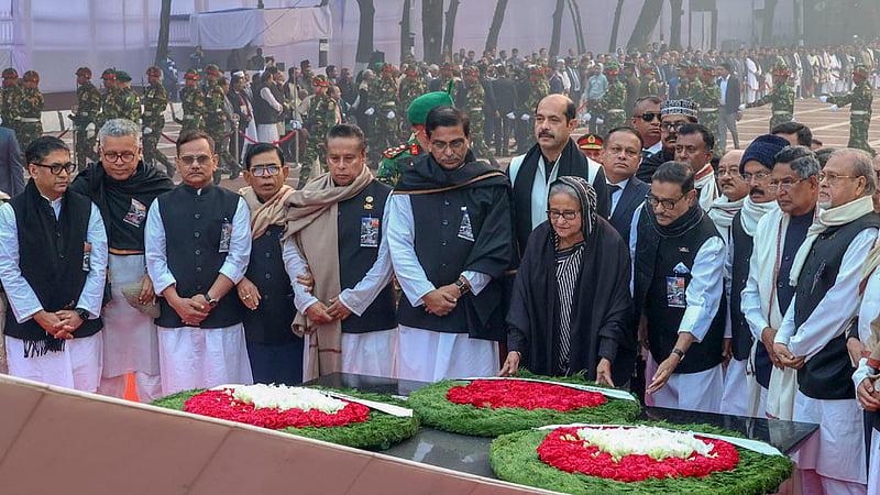 Prime Minister Sheikh Hasina, accompanied by Awami League leaders, pays homage to the sharpest minds of the nation at the Martyred Intellectuals’ Memorial in Dhaka’s Mirpur to mark the Martyred Intellectuals’ Day on Thursday, Dec 14, 2023.