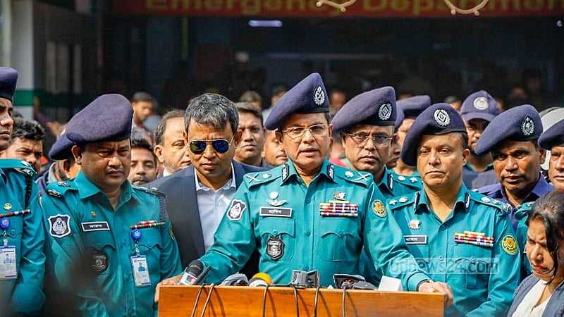 Dhaka Metropolitan Police Commissioner Habibur Rahman speaks to the media at Dhaka Medical College Hospital on Tuesday, Dec 19, 2023, after visiting the victims of an alleged arson attack on the Mohanganj Express train.