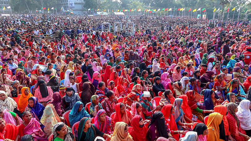 Crowds gather at Prime Minister Sheikh Hasina's campaign rally at Sheikh Mujibur Rahman College grounds in Gopalganj's Tungipara.