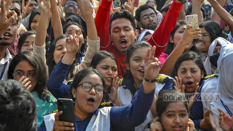 Feb 8: Students celebrate the publication of HSC results in Dhaka. 