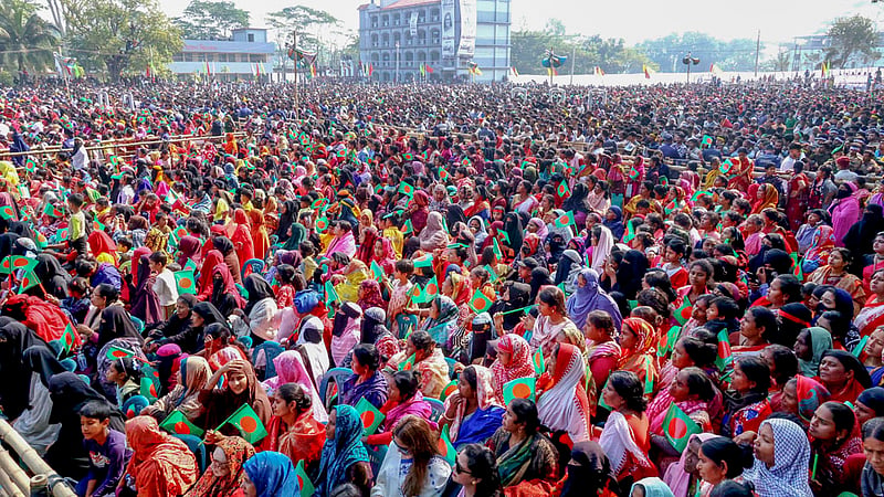 Crowds gather at Awami League chief Sheikh Hasina’s electoral rally at Sheikh Lutfar Rahman Adarsha Government College grounds in Gopalganj’s Kotalipara.