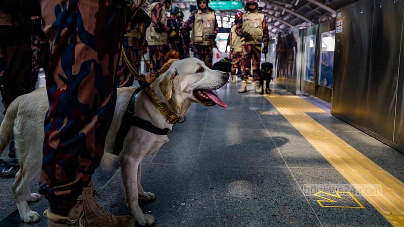 BGB personnel stand guard at Agargaon Metro Rail Station in Dhaka on Sunday, Dec 31, 2023, ahead of the Jan 7 general election.