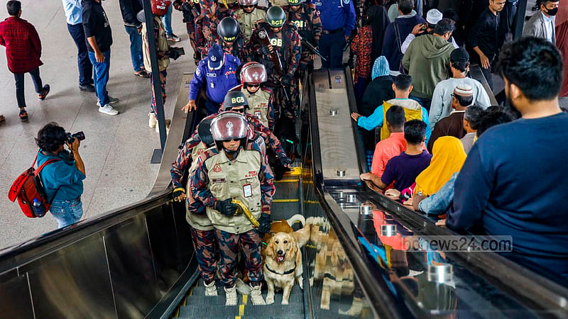 BGB conducts a search operation at Agargaon Metro Rail Station in Dhaka on Sunday, Dec 31, 2023, ahead of the Jan 7 general election.