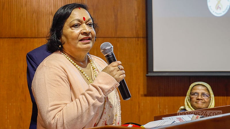 Ratna Sen, the wife of newly appointed Health Minister Samanta Lal Sen, speaks at an event honouring her husband at the Sheikh Hasina National Institute of Burn and Plastic Surgery in Dhaka on Thursday, Jan 18, 2024.