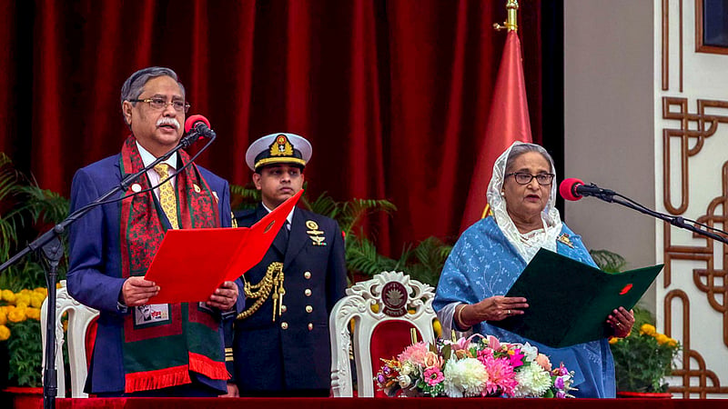 Prime Minister Sheikh Hasina is sworn in by President Mohammed Shahabuddin to form a new government at the Bangabhaban’s Darbar Hall on Thursday, Jan 11, 2024 .
