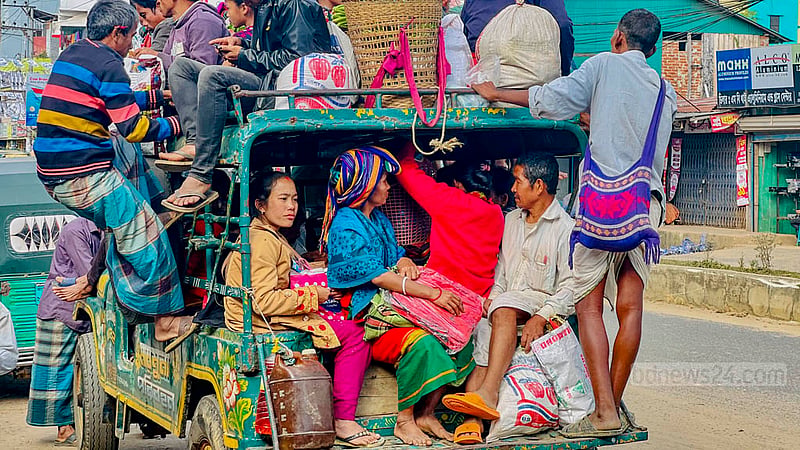 A Chander Gari vehicle is crammed with passengers in the hill district of Khagrachhari.
