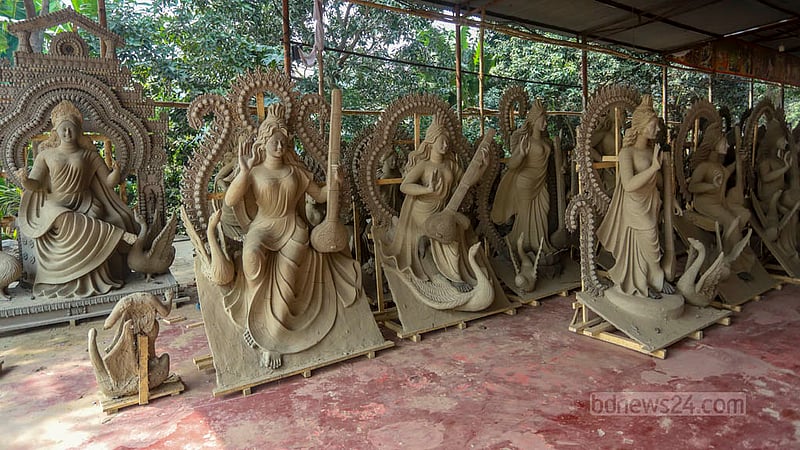 Idol makers who came all the way from Gopalganj have received orders for 80 Saraswati idols at the Kali Temple in Ramna.