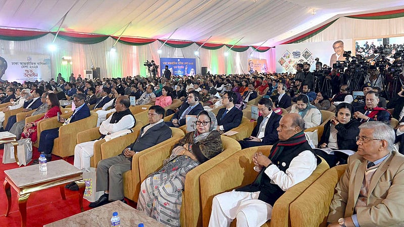 Guests attend the inauguration of the Dhaka International Trade Fair in Purbachal on Sunday, Jan 21, 2024.