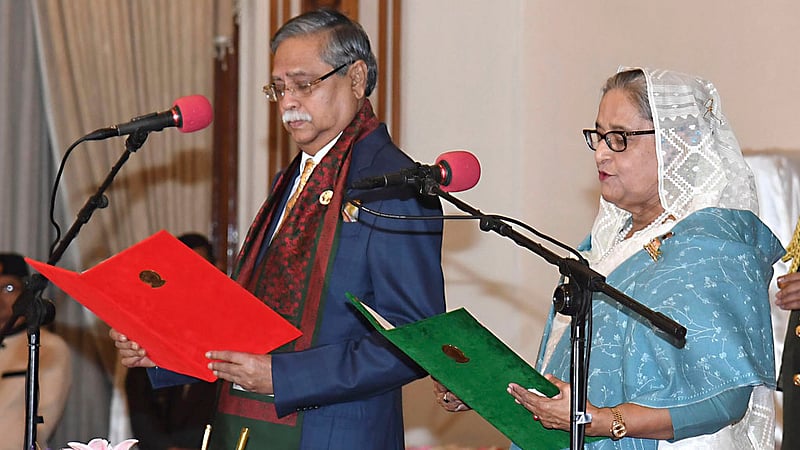 Prime Minister Sheikh Hasina is sworn in by President Mohammed Shahabuddin to form a new government at the Bangabhaban’s Darbar Hall on Thursday, Jan 11, 2024 .