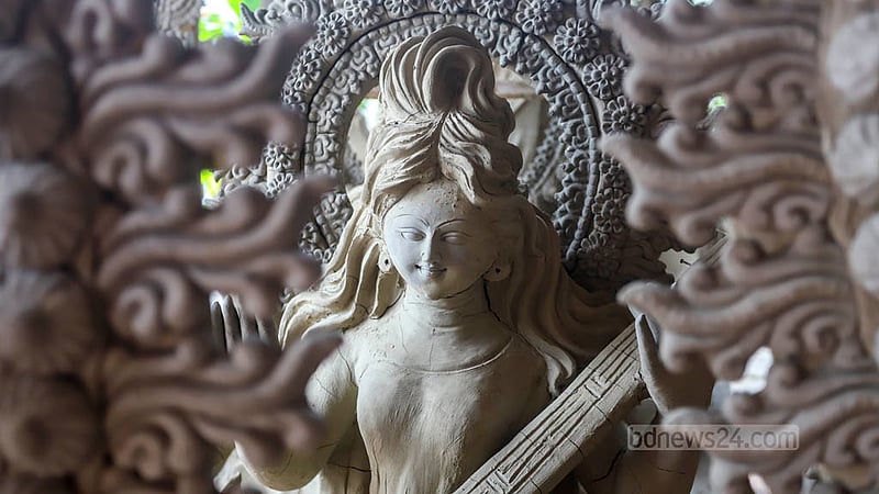 Idol makers who came all the way from Gopalganj have received orders for 80 Saraswati idols at the Kali Temple in Ramna.