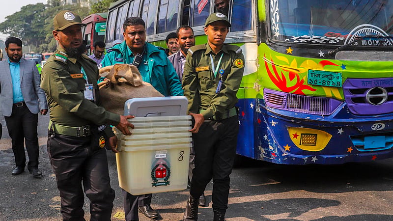 Voting materials for the Dhaka-8 constituency were sent out from Willes Little Flower School and College under the security of Ansar and police personnel on Saturday, Jan 6, 2024.