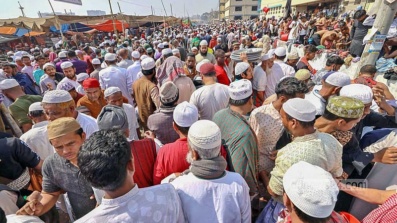 Hundreds of thousands of Muslim devotees gather to offer Jumma prayers on the first day of the second phase of Bishwa Ijtema on the banks of the Turag River in Gazipur’s Tongi on the outskirts of Dhaka on Friday, Feb 9, 2024.