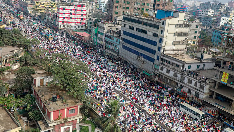 Tens of thousands of pilgrims offered their Jumma prayers on the Tongi-Kaliganj road in the first phase of the Bishwa Ijtema, the second-largest global congregation of Muslims after Hajj, on Friday, Feb 2, 2024.