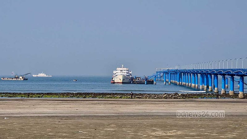 Bangladesh Navy ship MV Karnaphuli waits at the dock for the BGP personnel who fled Myanmar amid the ongoing conflict between the Arakan Army and military forces.