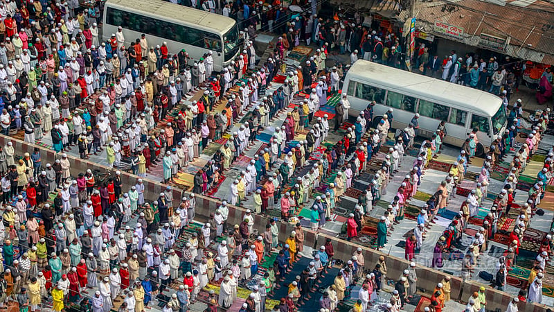 After Jumma prayers, Muslim worshippers take part in the Namaz-e-Janaza of a devotee who died at the Ijtema premises in Tongi on Friday, Feb 2, 2024.