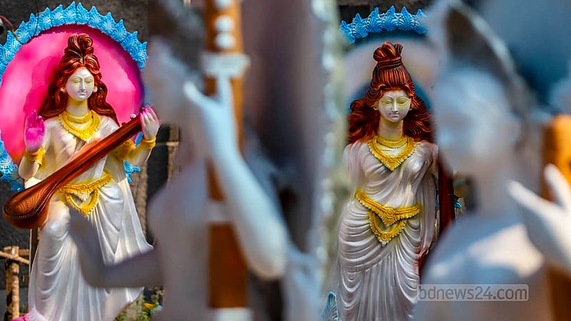 Idols of Saraswati, the Hindu goddess of wisdom and learning, are kept for drying at Dhaka University’s Jagannath Hall. They also sell the idols to outsiders.