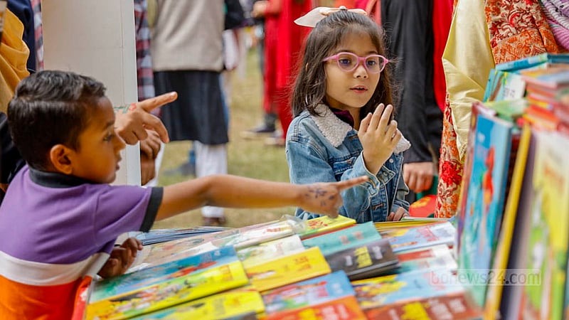 Children hopped from stall to stall, selecting and purchasing books of their choice during Children's Hour at the Ekushey Book Fair on Friday, Feb 2, 2024.