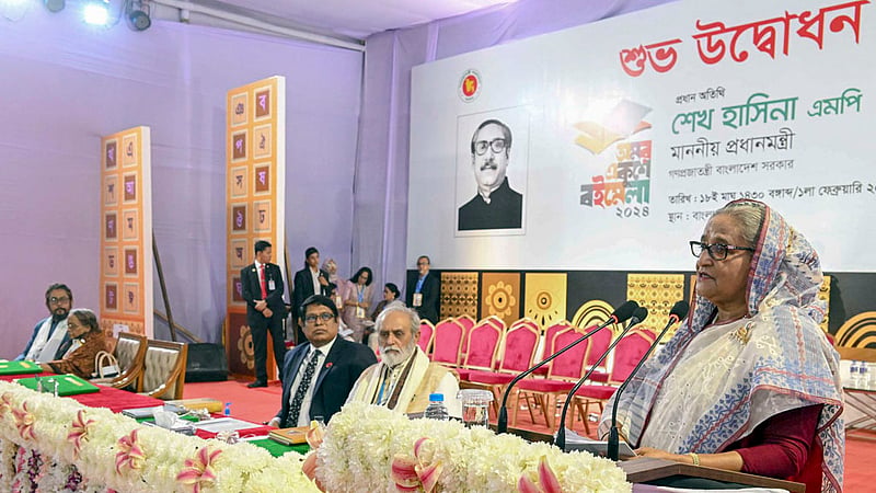 Prime Minister Sheikh Hasina attends the inaugural programme of the Amar Ekushey Book Fair on the Bangla Academy premises on Thursday, Feb 1, 2024.