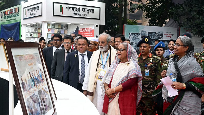 Prime Minister Sheikh Hasina tours stalls at the Amar Ekushey Book Fair on the Bangla Academy premises on Thursday, Feb 1, 2024.c