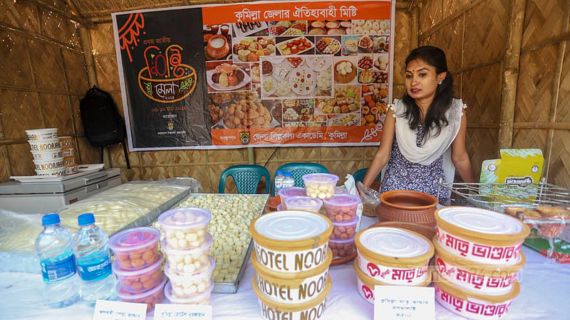 Vendors display a wide variety of sweets at the National Sweets Fair on the Bangladesh Shilpakala Academy premises on Thursday, Mar 7, 2024.