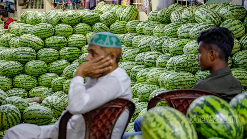 Rows and rows of watermelons are laid out at the wholesale market in Dhaka’s Waisghat.