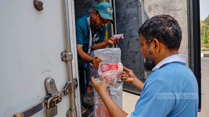 Food trucks funded by the Ministry of Fisheries and Livestock sell eggs, milk, beef and chicken at affordable prices in the capital's Khamarbari intersection at 10 am on Wednesday, Mar 13, 2024.