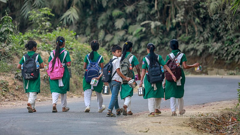 Children of the Mro tribe return home from school on foot along the Chimbuk Hill road in the hill district of Bandarban. The children sometimes have to walk for over two hours every day from their homes in Jamini Para to get to and from school.