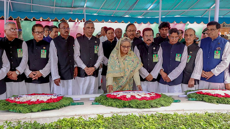 Prime Minister and Awami League President Sheikh Hasina and senior Awami League leaders pay their respects at the tomb of the Father of the Nation Bangabandhu Sheikh Mujibur Rahman in Gopalganj’s Tungipara on the occasion of his 104th birthday and Children’s Day on Sunday, Mar 17, 2024.