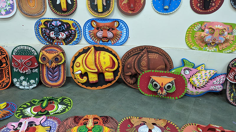 Masks for the Mangal Shobhajatra are set out to dry at the Dhaka University Faculty of Fine Art.