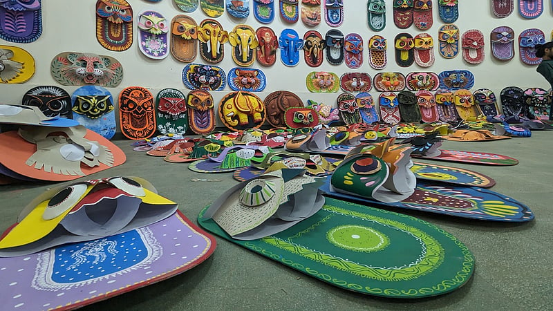 Masks for the Mangal Shobhajatra are set out to dry at the Dhaka University Faculty of Fine Art.
