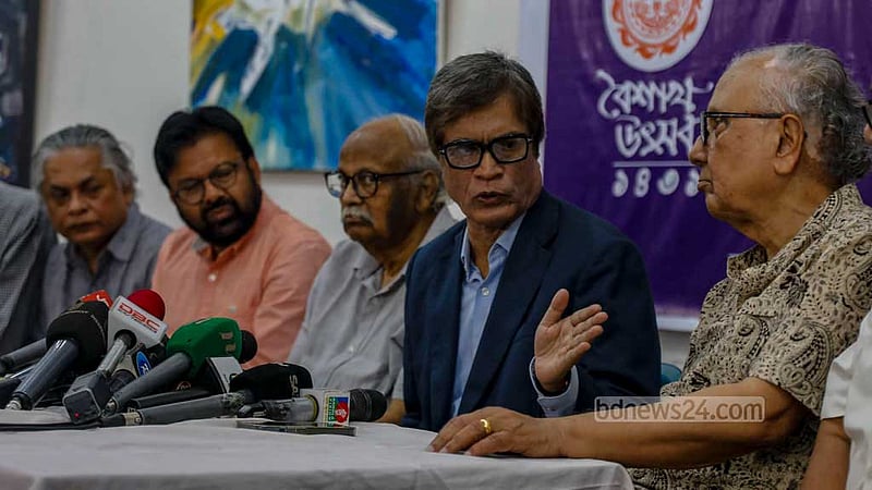 Muhammad Samad, pro-vice chancellor of Dhaka University and the president of the Central Coordinating Committee for the 1431 Bangla New Year Celebrations, attends a press conference at the Fine Arts Faculty on Sunday, Apr 7, 2023, to discuss the preparations for the New Year festival.