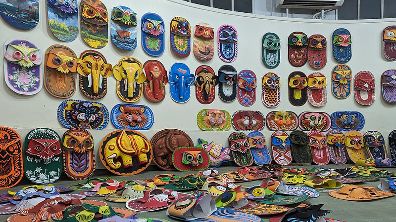 Masks for the Mangal Shobhajatra are set out to dry at the Dhaka University Faculty of Fine Art.
