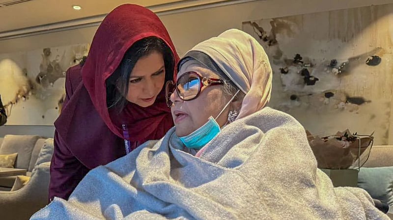 BNP Chairperson Khaleda Zia speaks to her daughter-in-law Zubaida Rahman after arriving at London’s Heathrow International Airport on Wednesday, Jan 8, 2025.