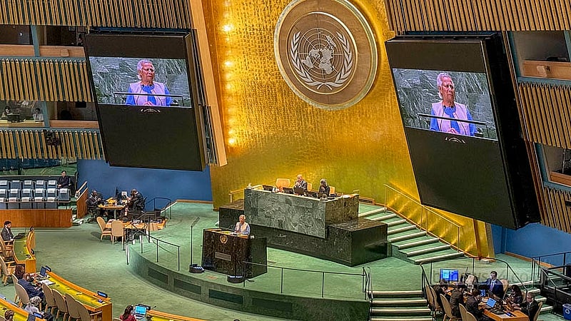 Chief Advisor Muhammad Yunus also highlighted the transformative changes in Bangladesh brought about by the anti-discrimination student movement during his speech in the general discussion at the United Nations General Assembly hall. Photo: Mostafigur Rahman