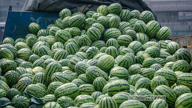 Early-season watermelons reach a fruit warehouse in Dhaka’s Jatrabari by truck from Patuakhali. Photo: Abdullah Al Momin