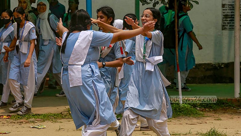 Friends celebrate SSC results at Viqarunnisa Noon School and College on Sunday, May 12, 2024.