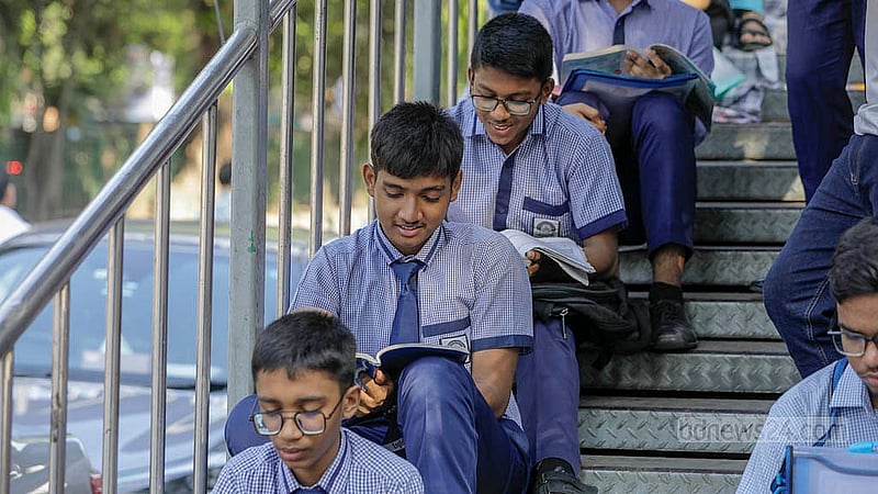 Students wait outside to enter the exam centre on Thursday, the first day of the SSC exams on Thursday, Apr 10, 2025. Photo: Mahmud Zaman Ovi