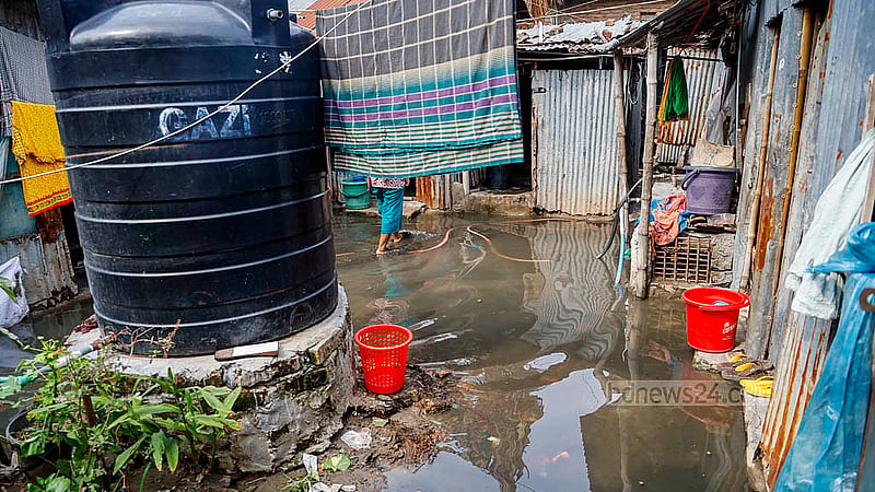 Some houses at Matuail Uttorpara in Dhaka’s Jatrabari are partially submerged after rain triggered by Cyclone Remal. Photo: Mahmud Zaman Ovi