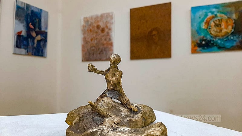 Sculptures are on display alongside paintings at the Zainul Gallery of the Faculty of Fine Arts at Dhaka University to mark the birth centenary of artist SM Sultan. Photo: Abdullah Al Momin