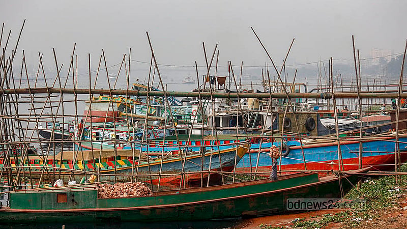 Iron pipes used to transport sand rest on rows of bamboo supports. One end connects to a dredger, while the other releases sand onto the riverbank. Photo: Mahmud Zaman Ovi