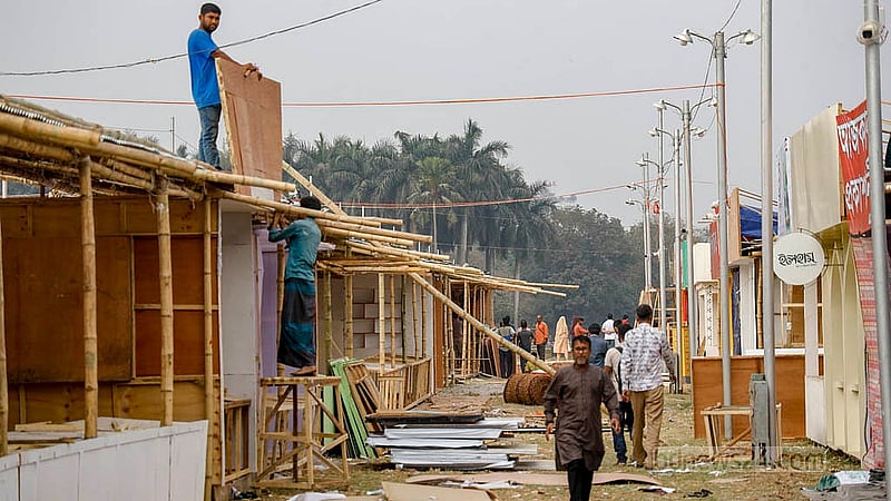 Unlike its usual month-long run, this year’s Amar Ekushey Book Fair will last only 18 days, and the temporary stall structures at Suhrawardy Udyan are being prepared accordingly. Photo: Mahmud Zaman Ovi