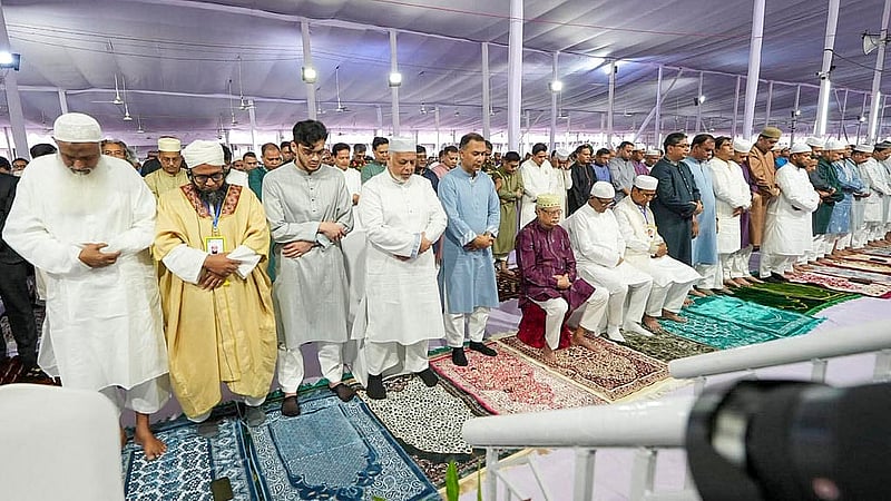 President Md Shahabuddin and Prime Minister Tarique Rahman attend the main Eid-ul-Fitr congregation at the National Eidgah on Saturday, Mar 21, 2026. Photo: PMO