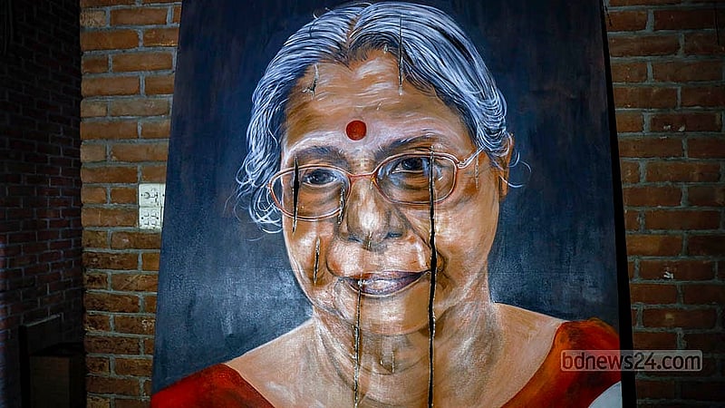 A painting of Sanjida Khatun, founding member and former president, was destroyed in the attack on Chhayanaut on Dec 18, 2025. Photo: Mahmud Zaman Ovi
