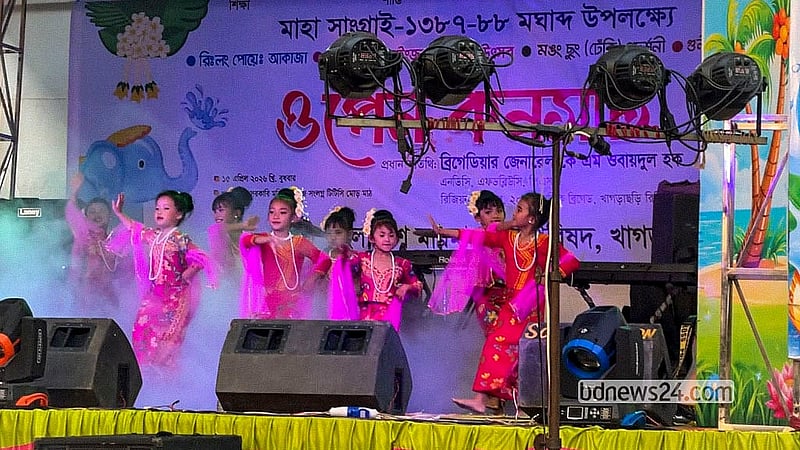 Marma performers dance at the Sangrai festival at the TTC ground in Khagrachhari town on Wednesday, Apr 15, 2026. Photo: Samir Mallik
