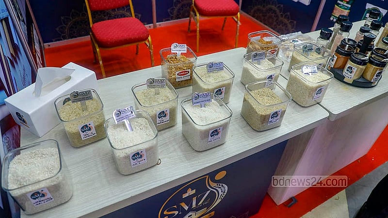 Pakistani traders display different types of rice at a stall in the four-day South Asia Trade Fair. Photo: Abdullah Al Momin