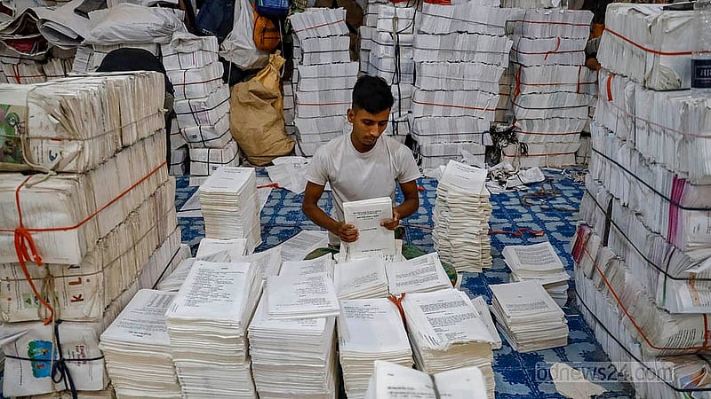 Workers are busy printing secondary school books at a printing house in Dhaka’s Matuail. Photo: Mahmud Zaman Ovi