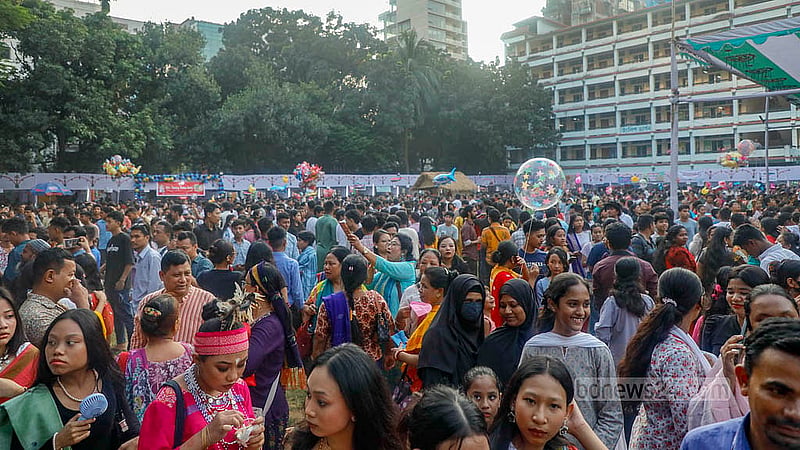 Garo people from all over Bangladesh gathered at the Wangala festival on Friday, Oct 24, 2025, at the Banani Bidyaniketan School and College in Dhaka. Photo: Abdullah al Momin