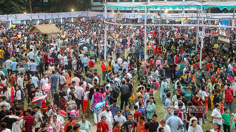 A large crowd from different communities gathered to attend the Wangala festival on Friday, Oct 24, 2025, at the Banani Bidyaniketan School and College grounds in Dhaka. Photo: Abdullah al Momin