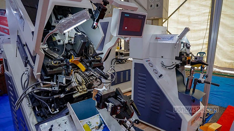 A stall at Leathertech Bangladesh 2024 in the Expo Zone of Dhaka’s International Convention City Bashundhara, or ICCB, displays large,